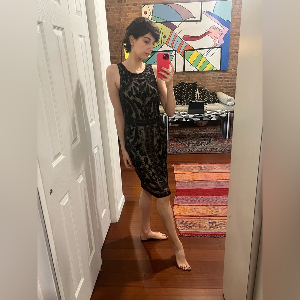Theia Black Beaded Midi Dress